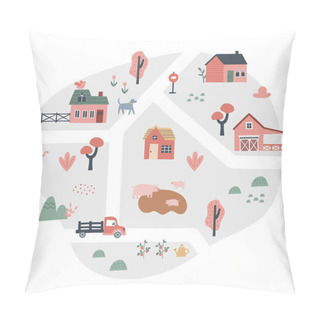 Personality  Cute Village Map With Houses And Animals. Hand Drawn Vector Illustration Of A Farm. Town Map Creator Pillow Covers