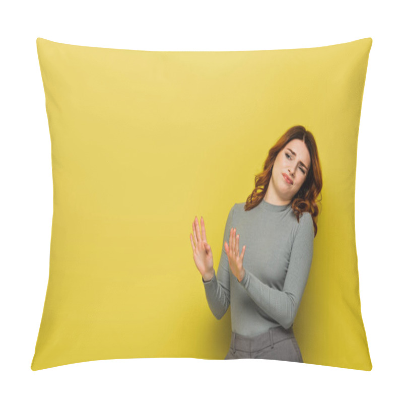 Personality  Disgusted Woman Showing Stop Gesture While Looking Away On Yellow Pillow Covers