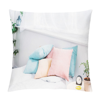 Personality  Comfy Bed With Lot Of Pillows In Modern Light Room With Alarm Clock And Plant Of Bedside Table Pillow Covers