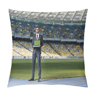 Personality  Smiling Young Businessman In Suit Showing Laptop With Football Formation On Screen At Stadium Pillow Covers
