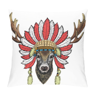 Personality  Deer Portrait. Head Of Wild Animal. Indian Headdress With Feathers. Boho Style. Pillow Covers