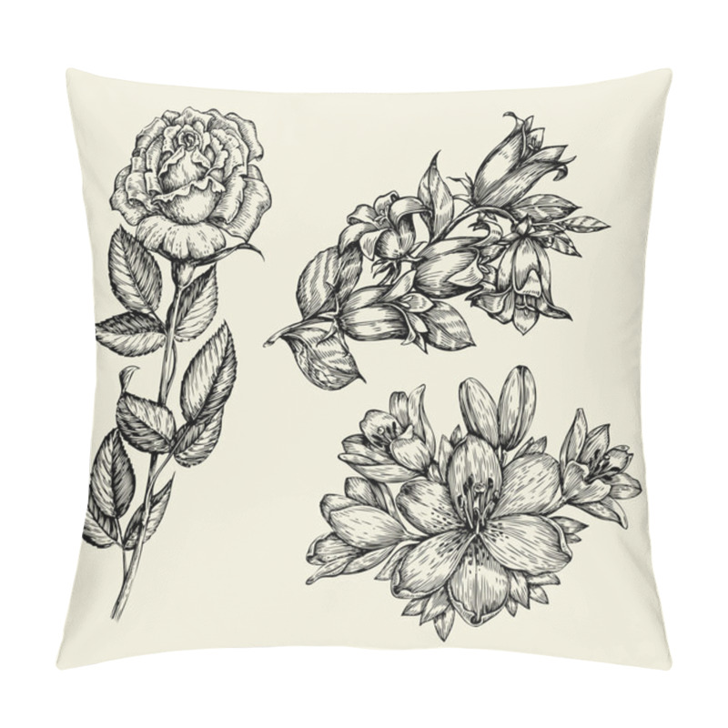 Personality  Flowers. Hand drawn sketch flower bell, rose, lily, floral pattern. Vector illustration pillow covers