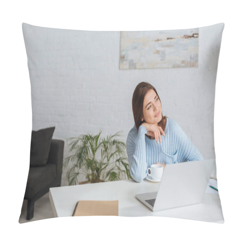 Personality  Dreamy Woman Looking Away Near Laptop And Cup On Table  Pillow Covers