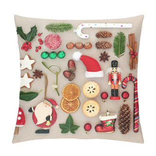 Personality  Traditional Symbols Of Christmas Selection With Food, Old Fashioned Retro Decorations And Winter Flora With Berries, Leaf Sprigs And Natural Objects. Pillow Covers