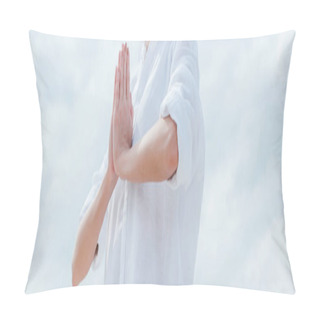 Personality  Panoramic Shot Of Young Woman With Praying Hands Near Sky Pillow Covers