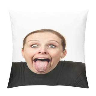 Personality  Close-up Portrait Of A Woman With Tongue Out Over A White Background Pillow Covers