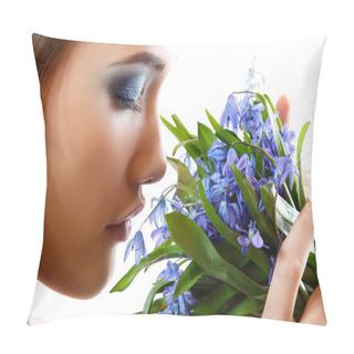 Personality  Beautiful Teen Girl Smell And Enjoy Fragrance Of Snowdrop Flower Pillow Covers