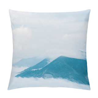 Personality  Scenic View Of Snowy Mountains With Pine Trees In White Fluffy Clouds Pillow Covers
