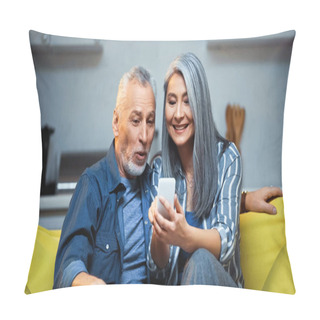 Personality  Cheerful Asian Woman Using Mobile Phone Near Amazed Elderly Husband Pillow Covers