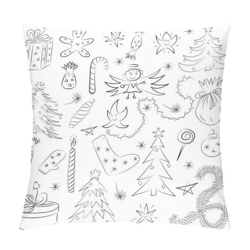 Personality  Hand Drawn Funny Doodle Christmas Sketch Set. Children Drawings of  Fir Trees, Gifts, Candle, Sweets, Angel, Stars and Snowflakes. Perfect for festive design. pillow covers
