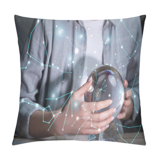 Personality  Cropped View Of Woman Using Crystal Ball Near Constellations Pillow Covers