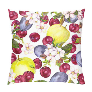 Personality  Cherry Flowers And Harvest Fruits: Plum, Cherry, Apple. Seamless Pattern. Watercolor Pillow Covers