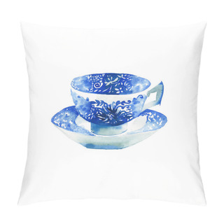 Personality  Beautiful Graphic Lovely Artistic Tender Wonderful Blue Porcelain China Tea Cup Watercolor Hand Illustration. Perfect For Menu, Textile, Wallpapers Pillow Covers