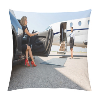 Personality  Wealthy Woman Stepping Out Of Car At Terminal Pillow Covers