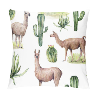 Personality  Watercolor Seamless Pattern With Llama And Desert Cacti. Hand Painted Traition Botanical Illustration With Animal And Floral On White Background. For Design, Print, Fabric Or Background. Pillow Covers