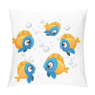Personality  Flock Of Cute Cartoon  Yellow-blue Sea Fishes Isolated On A White Background Pillow Covers