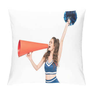 Personality  Cheerleader Girl In Blue Uniform With Pompom Using Orange Loudspeaker Isolated On White Pillow Covers