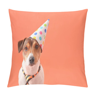 Personality  Adorable Dog In Party Hat On Color Background Pillow Covers