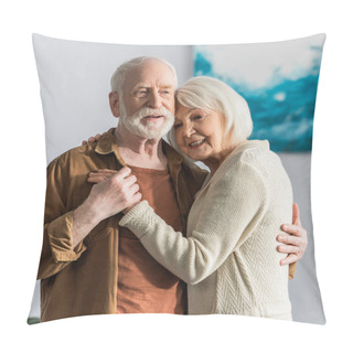 Personality  Happy Senior Couple Smiling While Dancing At Home Pillow Covers