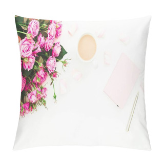 Personality  Beauty Composition With Marshmallows, Pink Roses Bouquet And Diary On White Background. Top View. Flat Lay. Pillow Covers