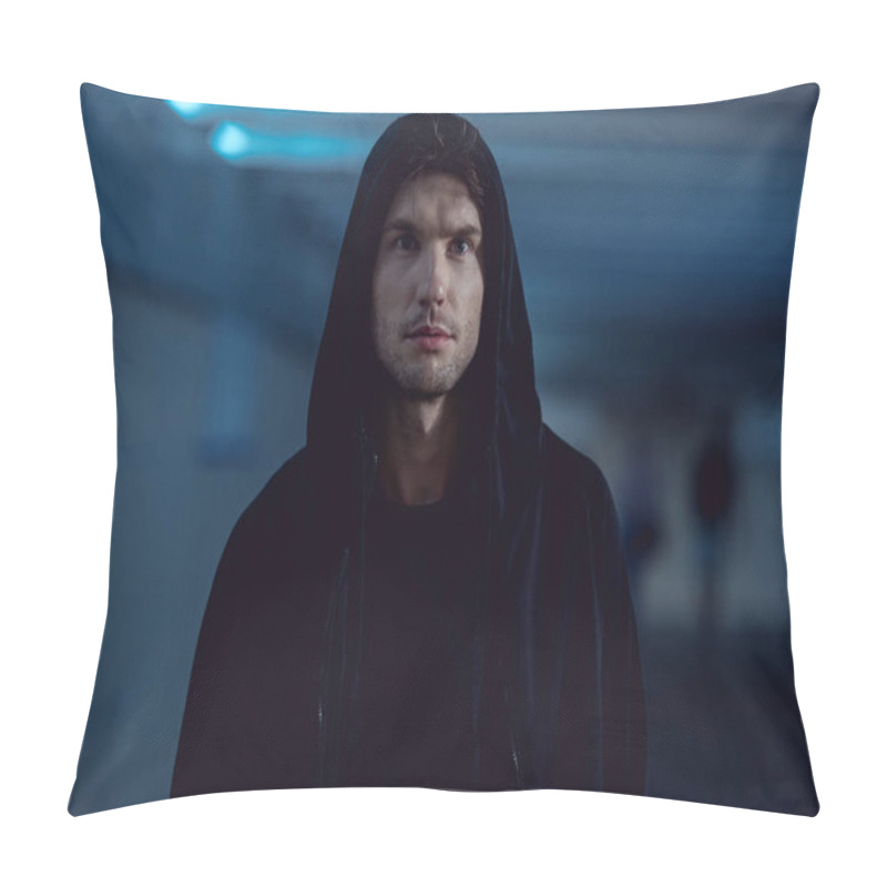 Personality  Selective Focus Of Handsome Thief In Black Hoodie In Underpass Pillow Covers