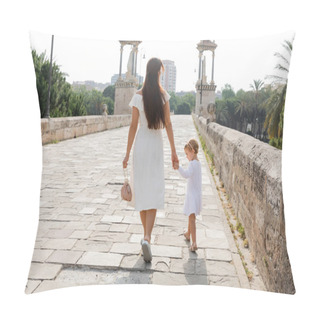 Personality  Woman In Dress Holding Hand Of Toddler Daughter While Walking On Puente Del Mar Bridge In Valencia Pillow Covers