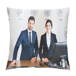Personality  Cheerful Woman Near Serious Receptionist In Suit Standing At Reception Desk  Pillow Covers