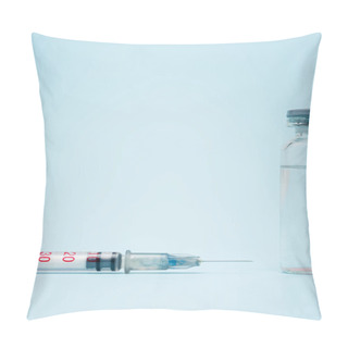 Personality  Close Up View Of Vaccine Bottle Near Syringe On Blue Background, Omicron Variant Concept Pillow Covers