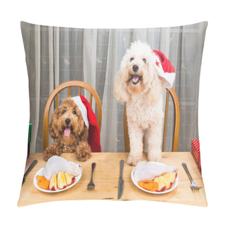 Personality  Concept Of Excited Dogs On Santa Hat Having Delicious Raw Meat Christmas Meal Pillow Covers