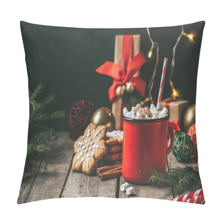 Personality  Cup Of Hot Cocoa With Marshmallows On Wooden Table With Christmas Gingerbread Pillow Covers