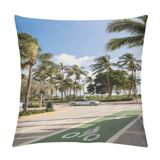 Personality  MIAMI, FLORIDA, USA - DECEMBER 15, 2022: Green Palm Trees Next To Road With Modern Car  Pillow Covers