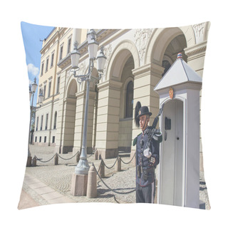 Personality  Guardsman, Member Of Hans Majestet Kongens Garde HMKG, On Sentry Duty At The Royal Palace In Oslo, Norway Pillow Covers