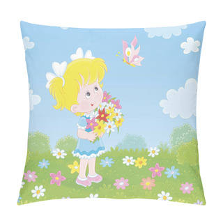 Personality  Cute Little Girl With A Colorful Bouquet Of Wildflowers Looking At A Butterfly Flittering Over A Green Field On A Sunny Summer Day, Vector Illustration In A Cartoon Style Pillow Covers