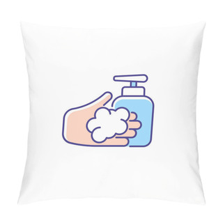 Personality  Washing With Liquid Soap RGB Color Icon. Minimizing Germs Transfer Risk. Keeping Hands Smooth And Moisturized. Antimicrobial Skin Cleanser. Isolated Vector Illustration. Simple Filled Line Drawing Pillow Covers