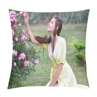 Personality  Woman In Spring Rose Garden Outdoors. Natural Beauty Enjoy Summer Recreation. Pillow Covers