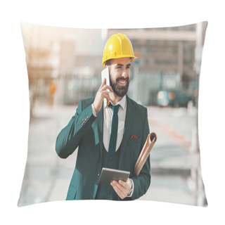 Personality  Close Up Of Architect In Formal Wear And Helmet On Head Using Smart Phone And Holding Tablet And Project On Construction Site. Pillow Covers