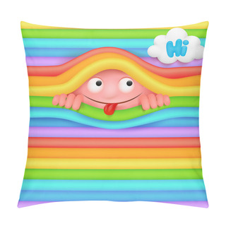 Personality  Pink Funny Emoji Monster Character Looking Out From Rainbow Wall. Pillow Covers