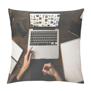 Personality  Cropped Shot Of Designer Using Graphics Tablet And Laptop With Pinterest Website On Screen  Pillow Covers