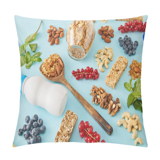 Personality  Jar Of Granola, Bottles Of Yogurt, Wooden Spatula And Berries With Nuts Around On Blue Background Pillow Covers