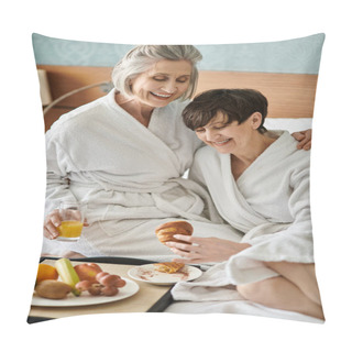 Personality  Senior Lesbian Couple Shares A Tender Moment In A Cozy Bed At A Hotel. Pillow Covers