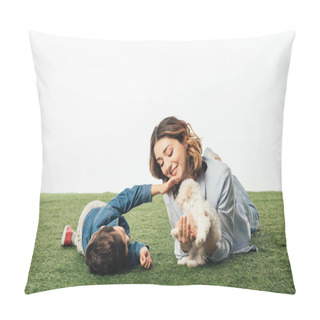 Personality  Smiling Mother Holding Havanese Puppy And Son Stroking It Isolated On White Pillow Covers