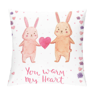 Personality  Watercolor Illustration Rabbit With Heart. Bright Design For Kid Party. You Warm My Heart - Handmade Calligraphy. Pillow Covers