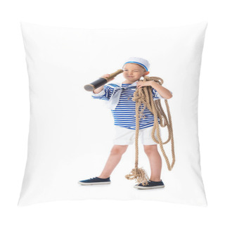Personality  Full Length View Of Focused Preschooler Child In Sailor Costume Looking In Spyglass And Holding Rope Isolated On White Pillow Covers