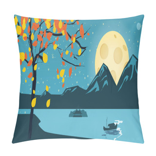 Personality  Night Landscape With Autumn Tree, Falling Leaves, Mountains, Lake, Moon, Stars, Cartoon Style, Vector, Illustration, Isolated Pillow Covers