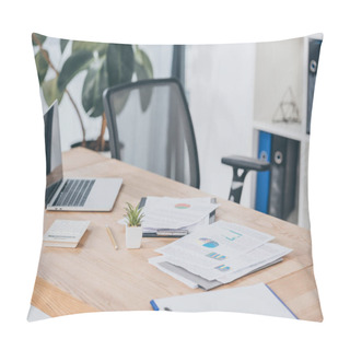 Personality  Selective Focus Of Table With Laptop, Documents, Chairs In Office Pillow Covers