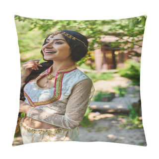 Personality  Elegant And Excited Indian Woman In Ethnic Wear Looking Away During Walk In Park Pillow Covers
