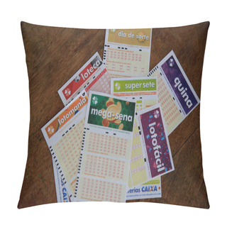Personality  Salvador, Bahia, Brazil - January 2, 2021: Cards For Betting On Caixa Lottery In The City Of Salvador. Pillow Covers