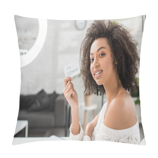 Personality  Cheerful African American Girl In Braces Holding Card With I Am Influencer Lettering Near Ring Lamp  Pillow Covers