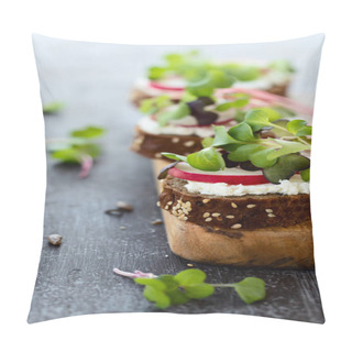 Personality  Healthy Snack: Sandwiches Made From Grain Bread, Homemade Cheese And Micro-greens Grown At Home. Dark Wooden Background, Vertical Format, Close-up. Pillow Covers