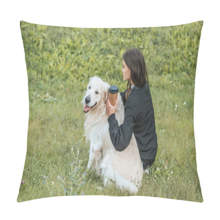 Personality  Young Woman Holding Paper Cup And Sitting With Dog In Park Pillow Covers